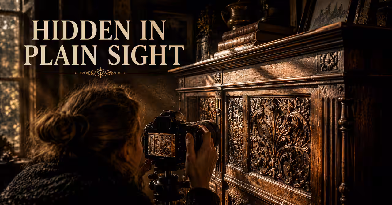 Victorian carved timber fretwork panel displayed in a warm Arts and Crafts interior with soft lighting and layered decorative textures.