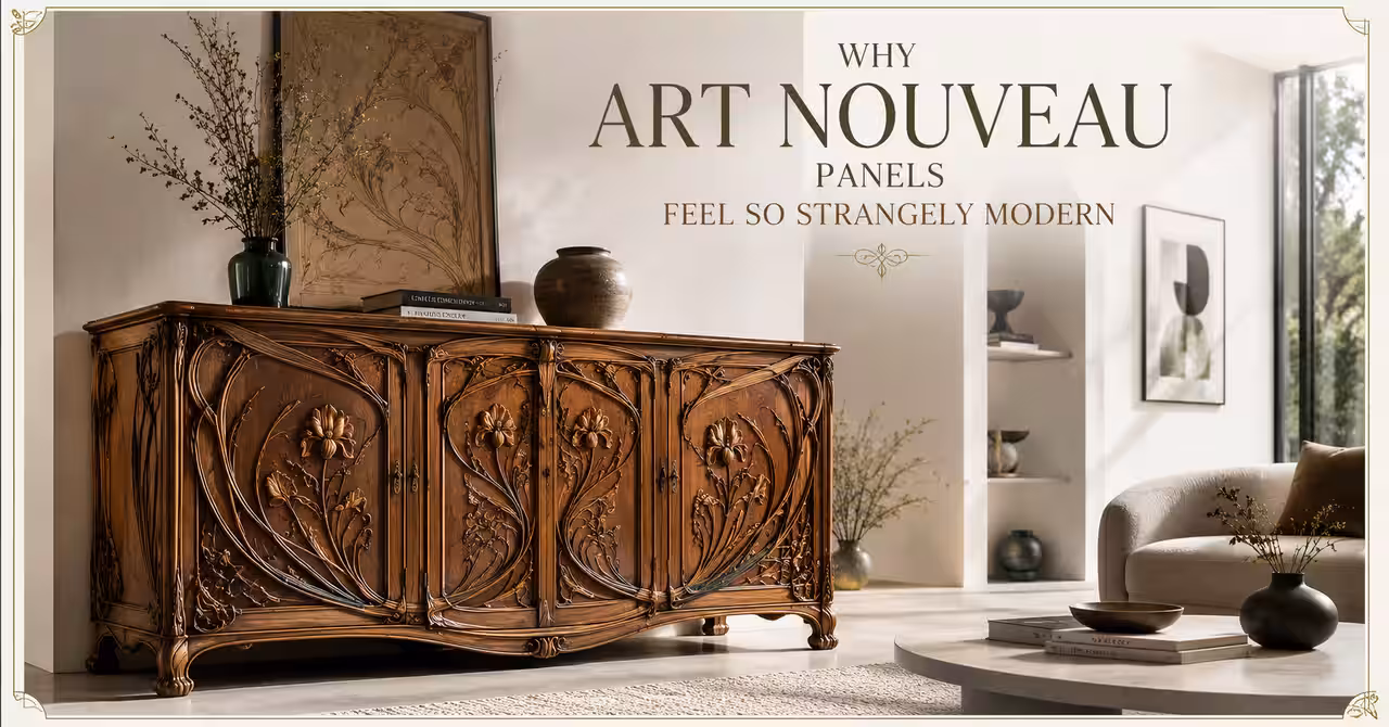 Victorian carved timber fretwork panel displayed in a warm Arts and Crafts interior with soft lighting and layered decorative textures.