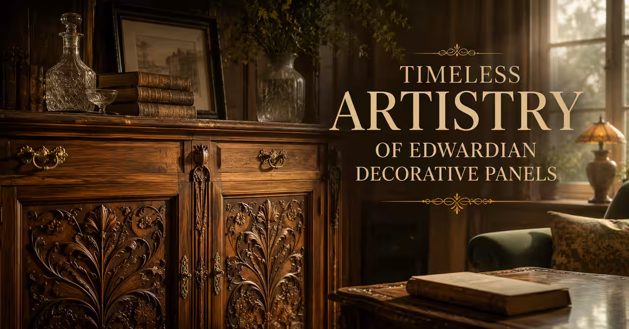 Victorian carved timber fretwork panel displayed in a warm Arts and Crafts interior with soft lighting and layered decorative textures.