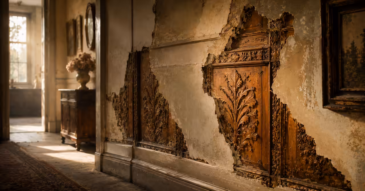 Victorian carved timber fretwork panel displayed in a warm Arts and Crafts interior with soft lighting and layered decorative textures.