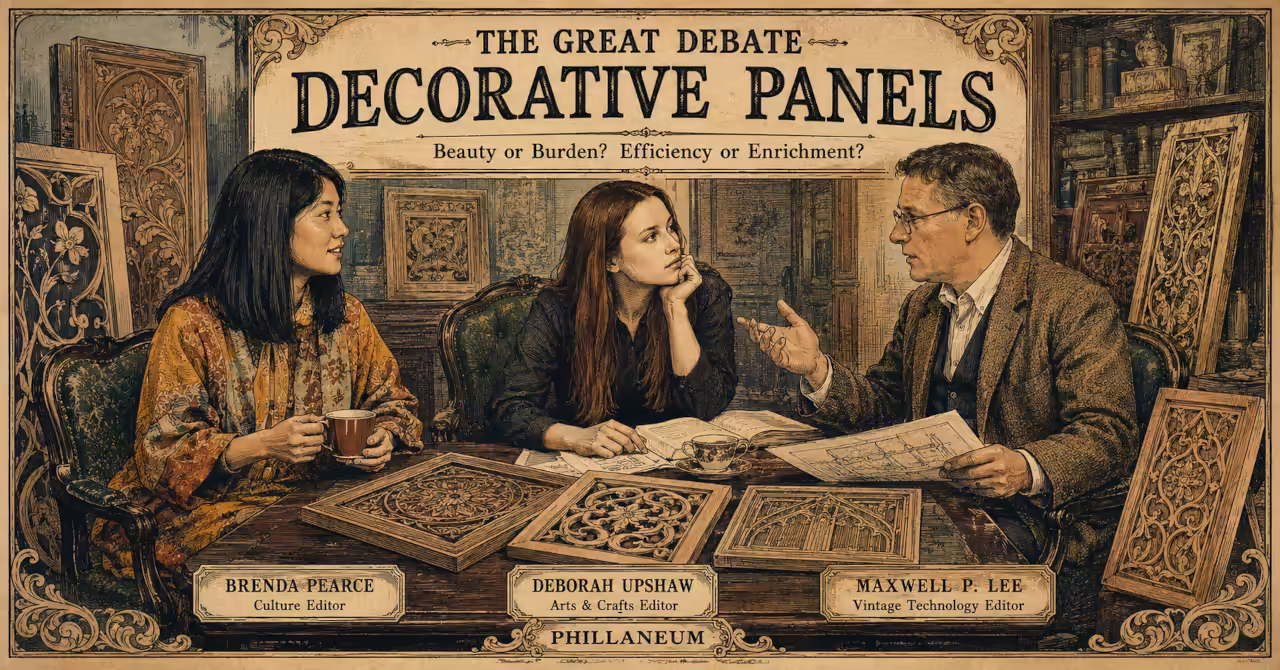 Brenda Pearce, Deborah Upshaw and Maxwell P. Lee debate decorative panels in a Victorian-style interior surrounded by carved furniture.