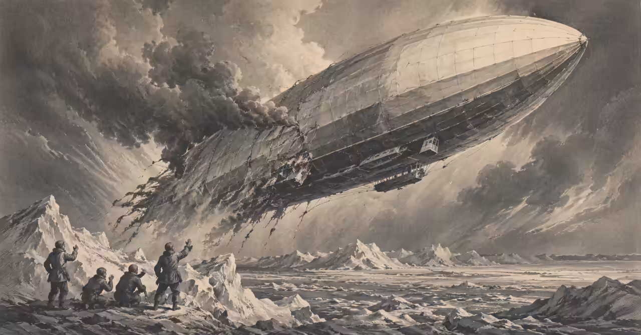 Damaged Arctic airship trailing smoke above sea ice as stranded explorers watch from a frozen shoreline in a dramatic early twentieth-century scene.