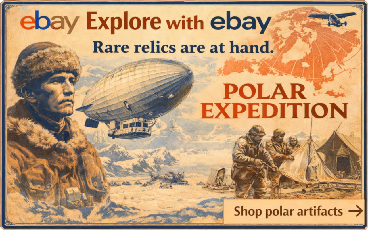 Vintage 1910s-style eBay banner showing polar explorers, a Zeppelin airship over Arctic ice, and bold Polar Expedition typography.