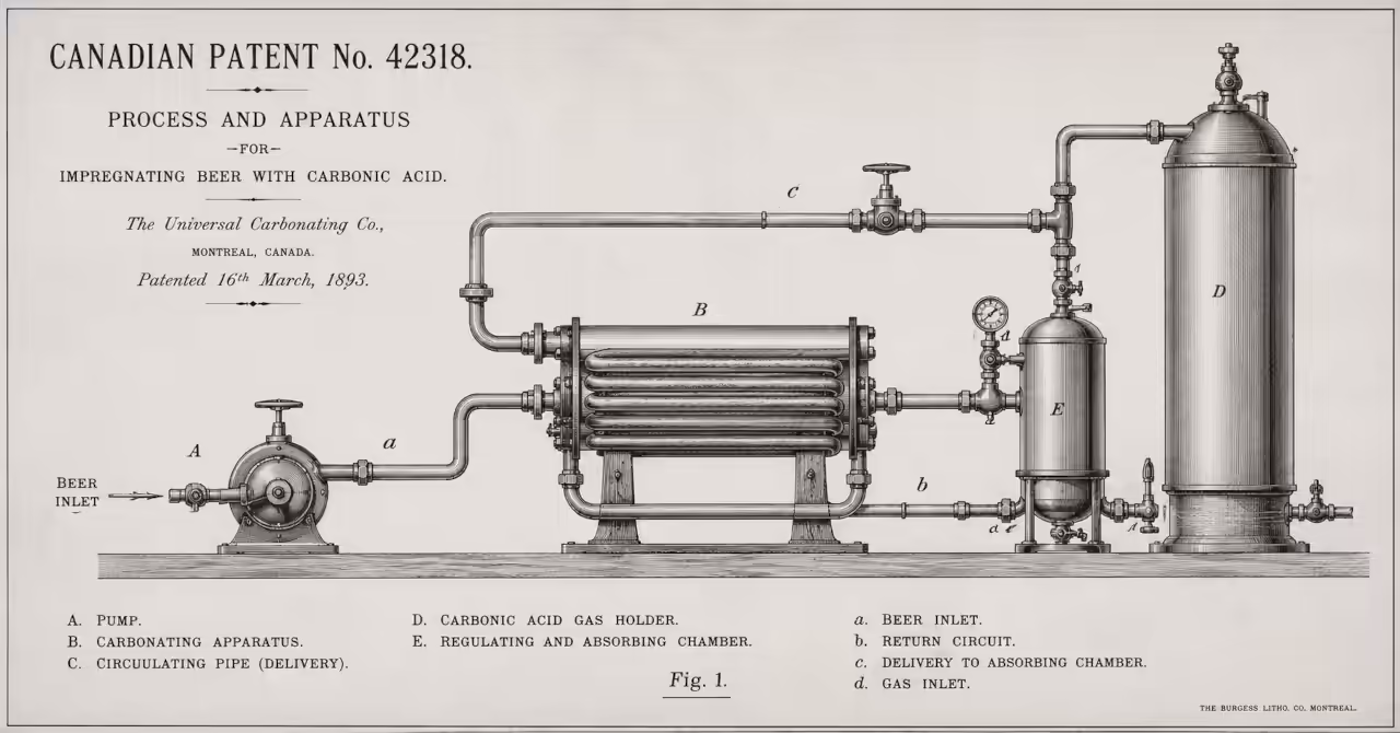 Lithographic-style patent drawing showing a Victorian beer-carbonation apparatus with pumps, pipes, valves, and gas vessels arranged in a circulation system.