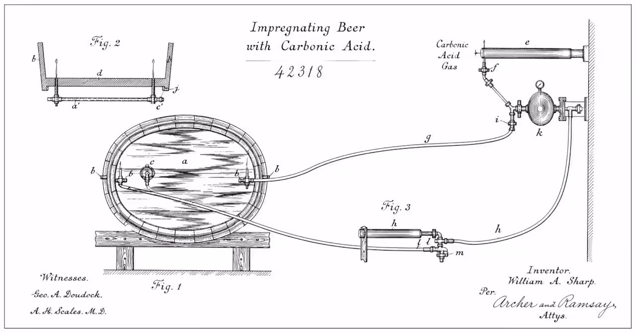 Greyscale technical patent drawing of an 1893 beer-carbonation apparatus, showing a cask, pipes, valves, gas line, and circulation system.