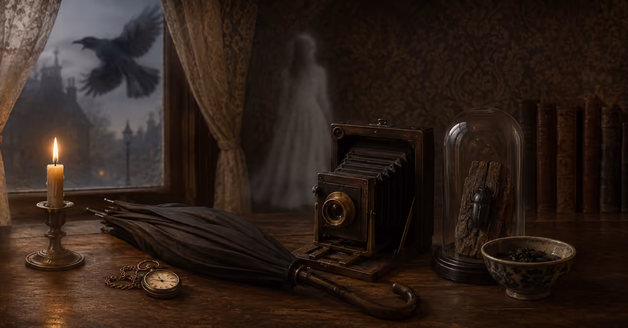 A candlelit Victorian parlour with an antique camera, closed umbrella, death watch beetle, ghostly figure and raven, symbolising five enduring Victorian superstitions.