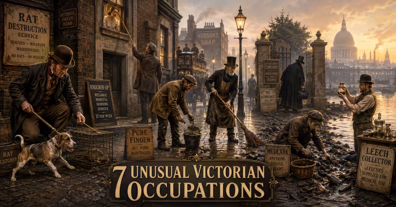 Victorian London at dawn with a rat catcher, knocker-up, crossing sweeper, mudlark, leech collector and other forgotten occupations in a bustling street scene.
