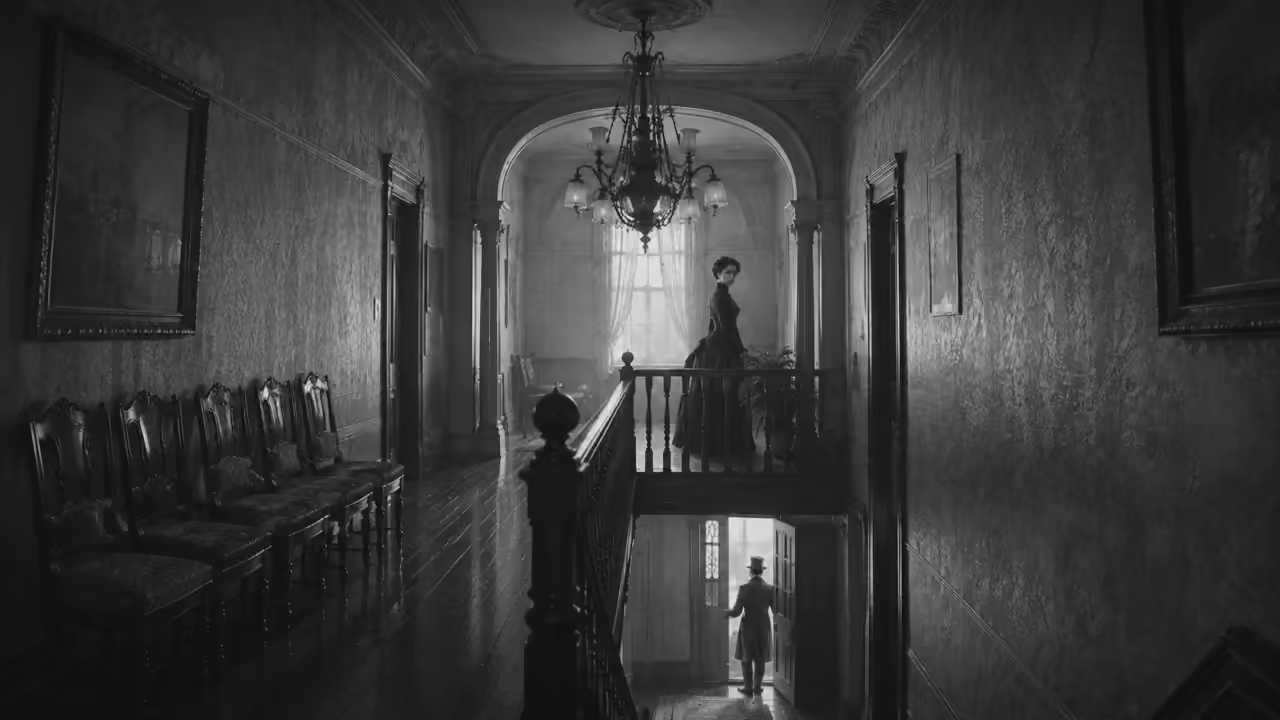 A beautifully dressed woman watches from a grand Victorian hallway as a gentleman pauses at the front door, leaving the meaning of their farewell uncertain.