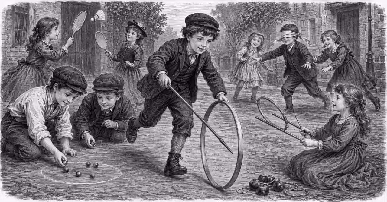 Victorian children play hoop rolling, marbles, battledore, Blind Man's Buff and Graces together in a lively nineteenth-century street scene.