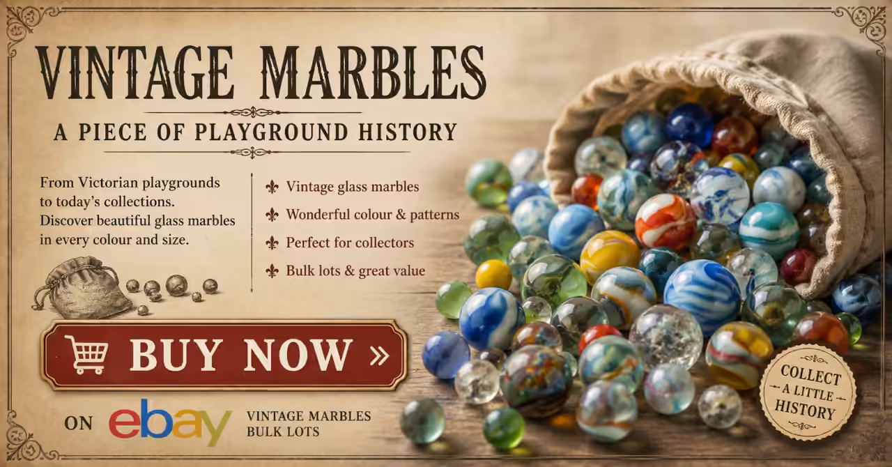 Vintage glass marbles spill from a cloth bag beside a Victorian-style eBay advertisement inviting collectors to browse bulk lots.