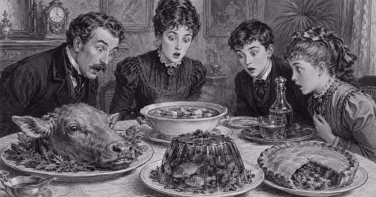 Victorian diners react with astonishment to a table of calf’s head, jellied fish, soup and pie in a detailed greyscale magazine engraving.