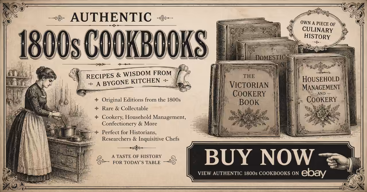 Victorian-style advertisement featuring antique 1800s cookbooks, a period kitchen scene and an invitation to explore original cookbooks on eBay.
