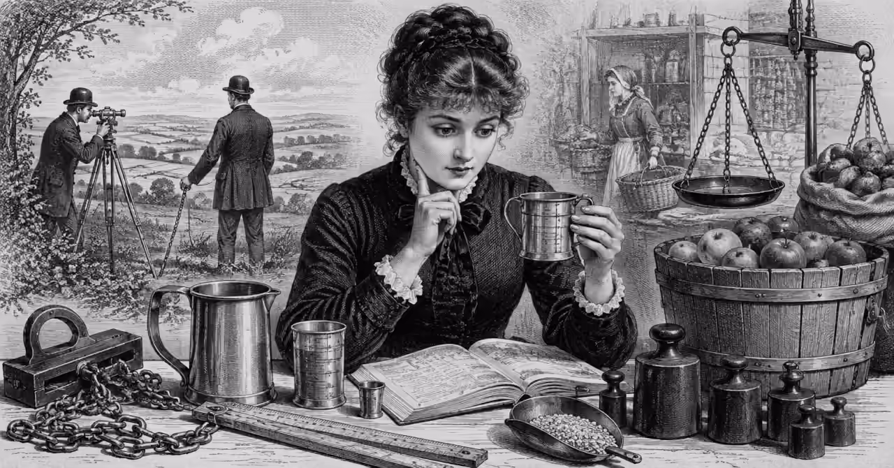 Victorian woman examines measuring vessels among scales, weights and chains, with land surveyors and a market scene behind her.