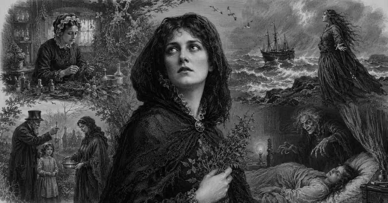 Victorian engraving of wise women, herbalists, a sea witch and a night hag amid a dramatic village, stormy coast and moonlit folklore scenes.