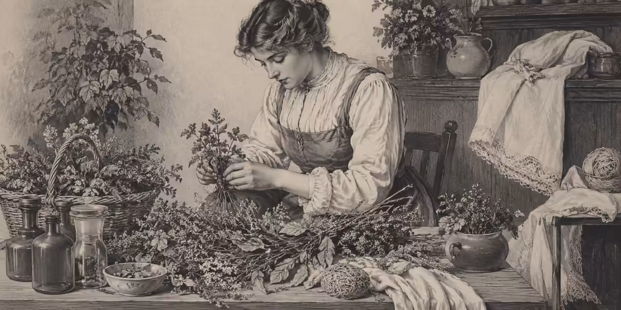 Victorian woman at a worktable sorting wild herbs and plants among baskets, bottles, cloth and craft materials in a 1902 lithographic style.