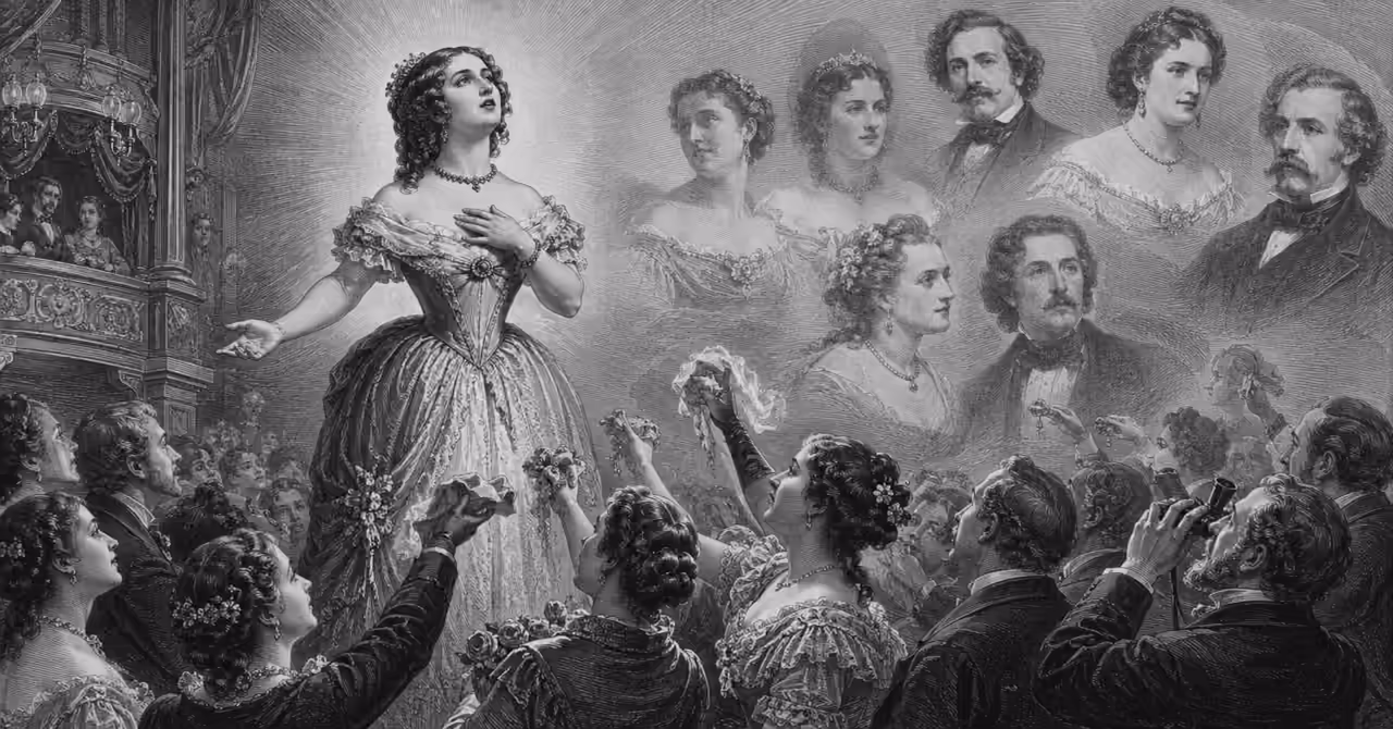 Victorian opera singer performing before an enthralled theatre audience, surrounded by ghostly portraits of celebrated singers whose voices are lost.
