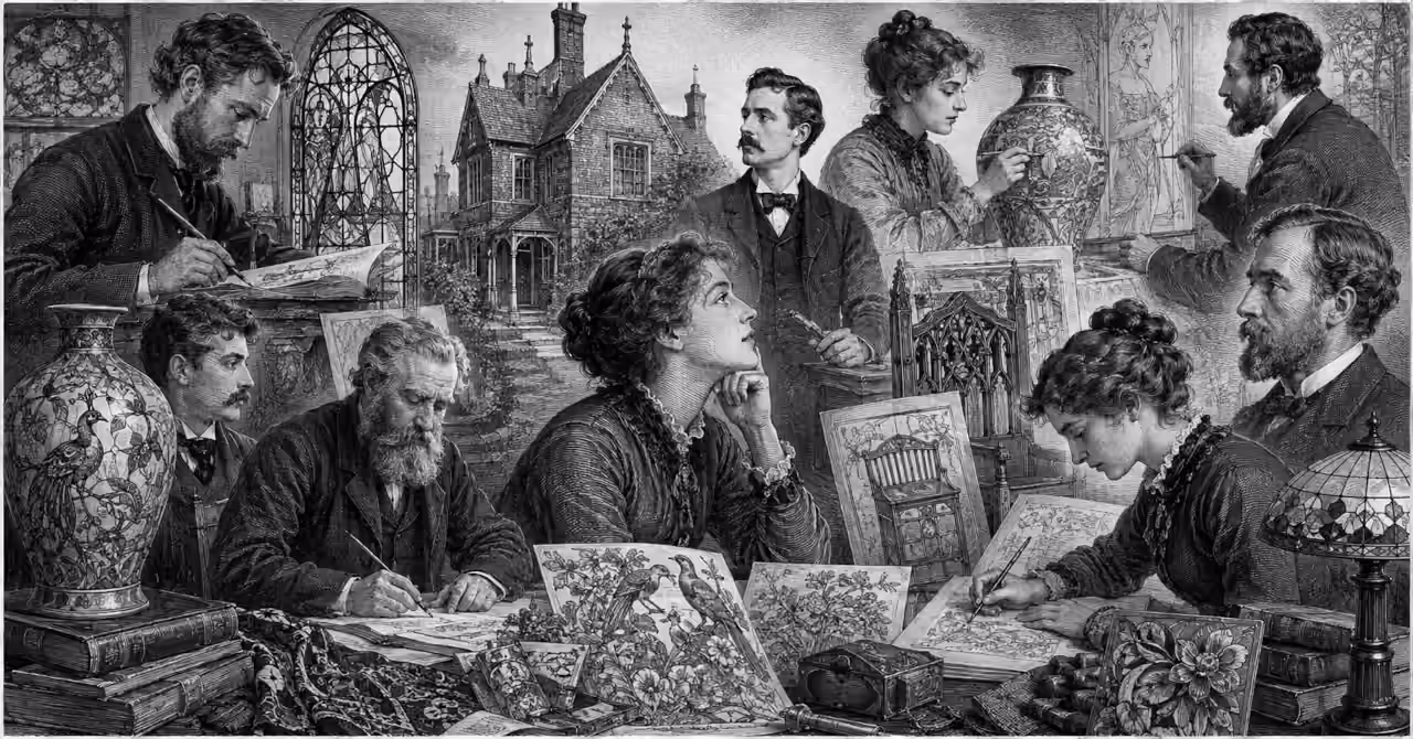 Victorian artists and makers work among drawings, ceramics, stained glass and decorative designs in a richly detailed nineteenth-century studio.
