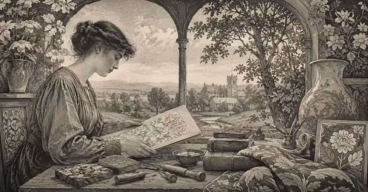 Victorian craftswoman studying a floral design in an Arts and Crafts studio surrounded by books, tools and textiles, overlooking a peaceful countryside in a 1902 lithographic style.