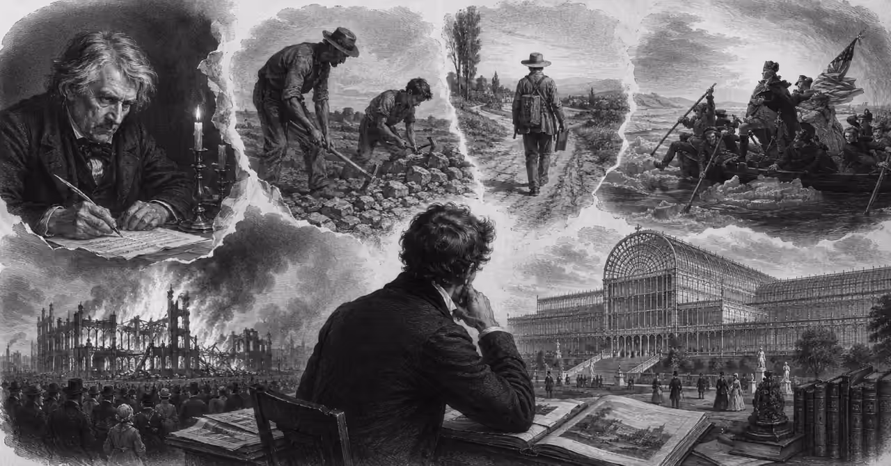 Victorian engraving collage of lost 19th-century treasures, with artists, labourers, a river crossing, fire and the Crystal Palace.