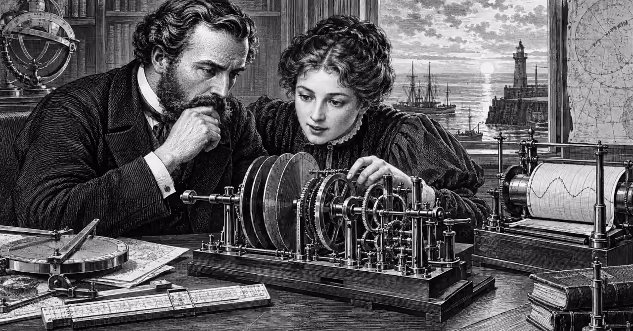 Victorian man and woman examine a complex mechanical computer amid scientific instruments, charts and a harbour view.