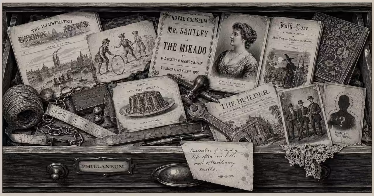 1902-style lithographic curator’s drawer filled with Victorian newspapers, tools, theatre ephemera, folklore, food and photographs.