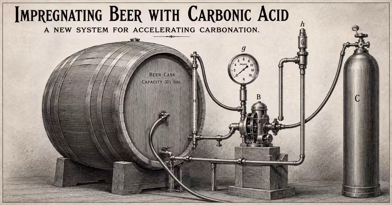 Victorian-style engraving of Feigenspan's beer carbonation apparatus with wooden cask, pump, pressure gauge, pipes and carbon dioxide cylinder.