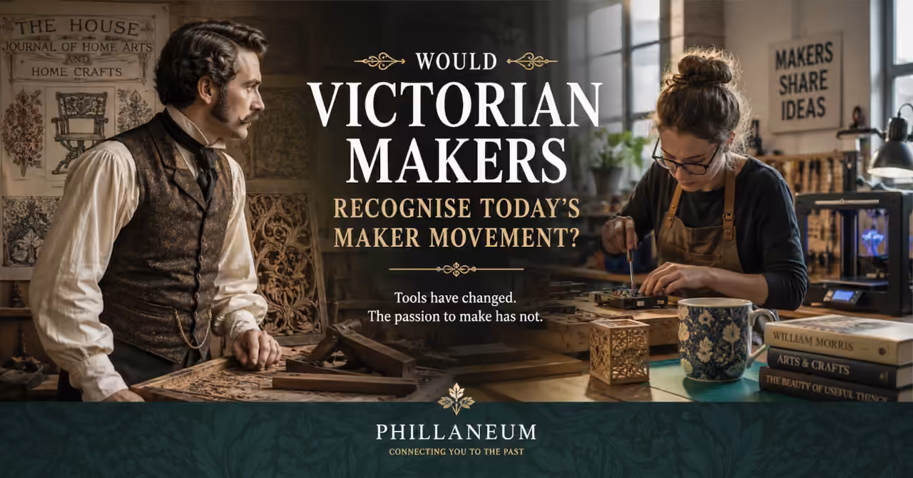 Victorian craftsman and modern maker share a workshop, contrasting traditional hand tools with electronics and digital fabrication.
