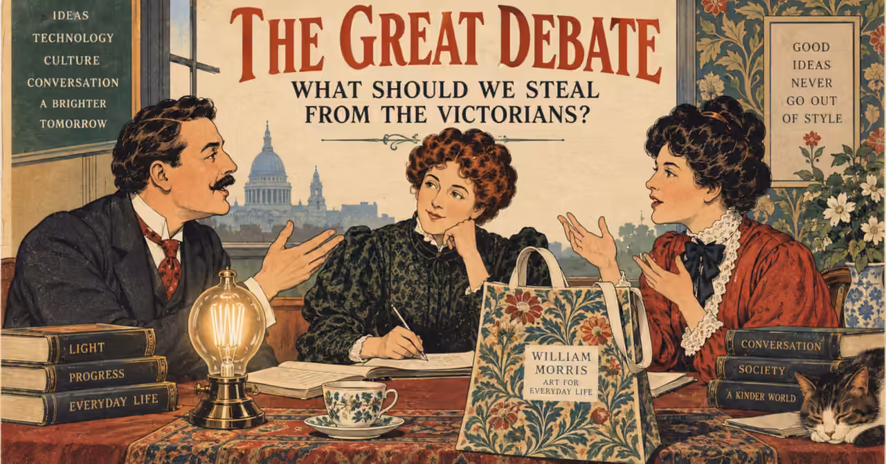 Three Victorian debaters discuss technology and culture beside an incandescent lamp and William Morris tote bag in an illustrated period interior.