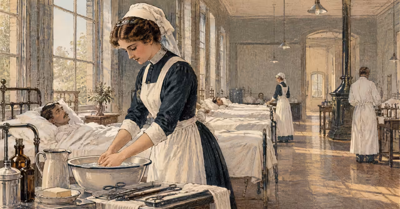 1902-style lithograph of a hospital ward, with a nurse washing her hands beside a patient, medical instruments and rows of iron beds.