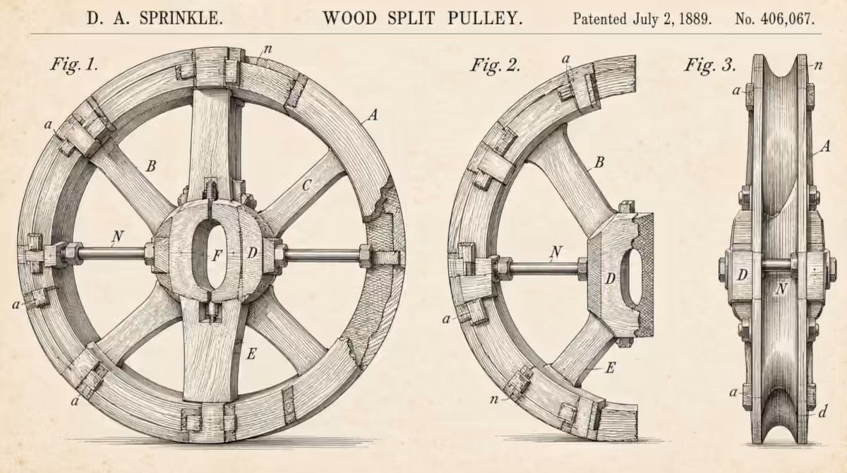 David A. Sprinkle's 1889 patent drawing showing the construction of a wooden split pulley