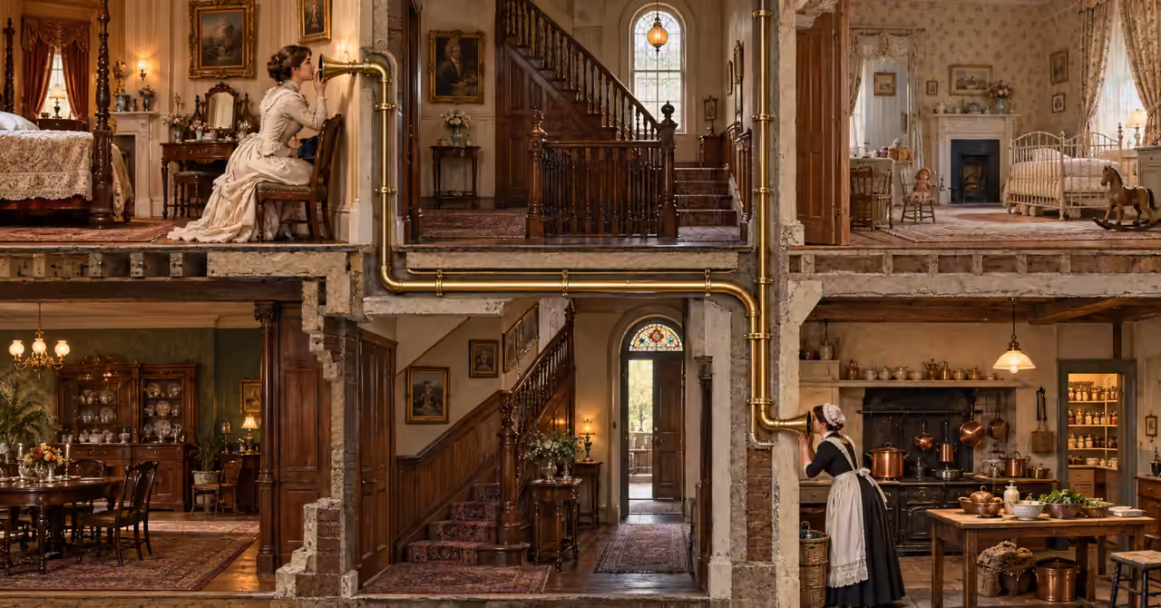 Cutaway view of a Victorian house showing a woman upstairs and a maid in the kitchen communicating through brass speaking tubes.