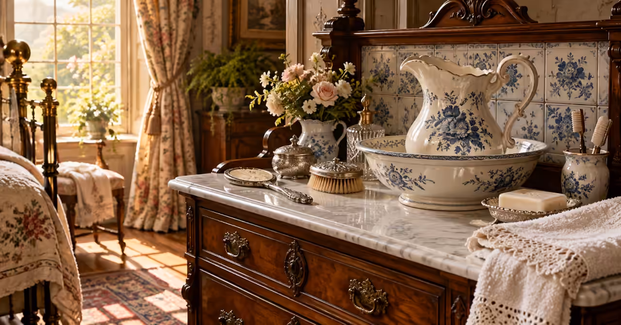 Victorian bedroom washstand with a blue-and-white ceramic jug and basin, marble top, grooming accessories and folded towel in warm morning light.