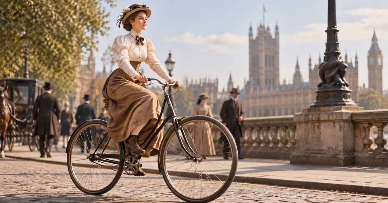 Victorian woman riding a safety bicycle beside the Thames, with Westminster in the background.