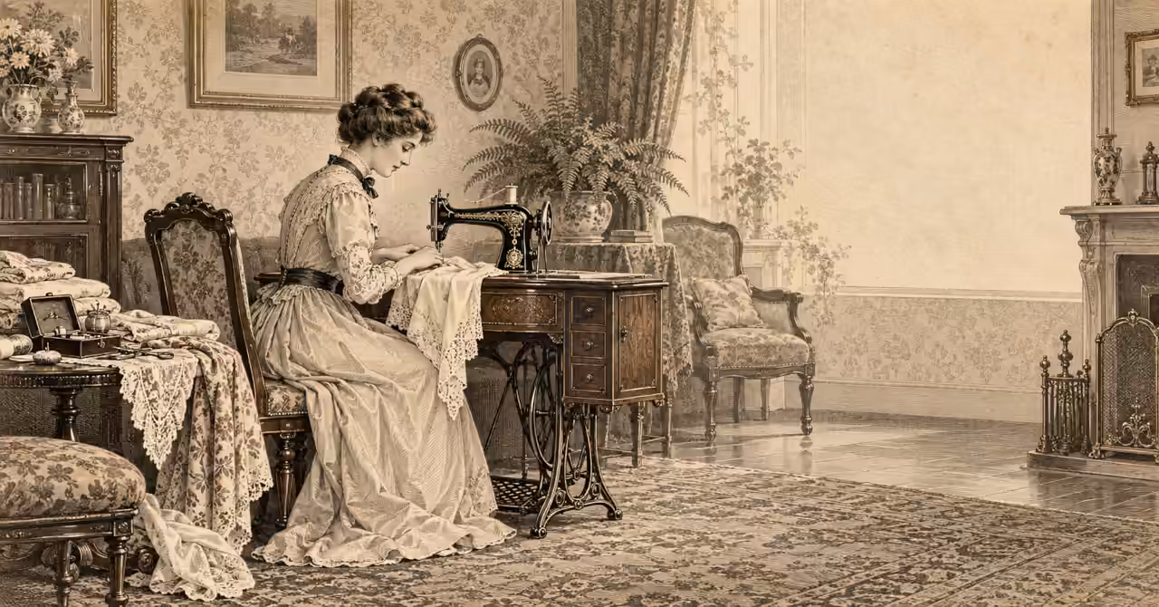 Victorian woman using a treadle sewing machine in a richly furnished parlour, styled as an early 1900s magazine illustration.