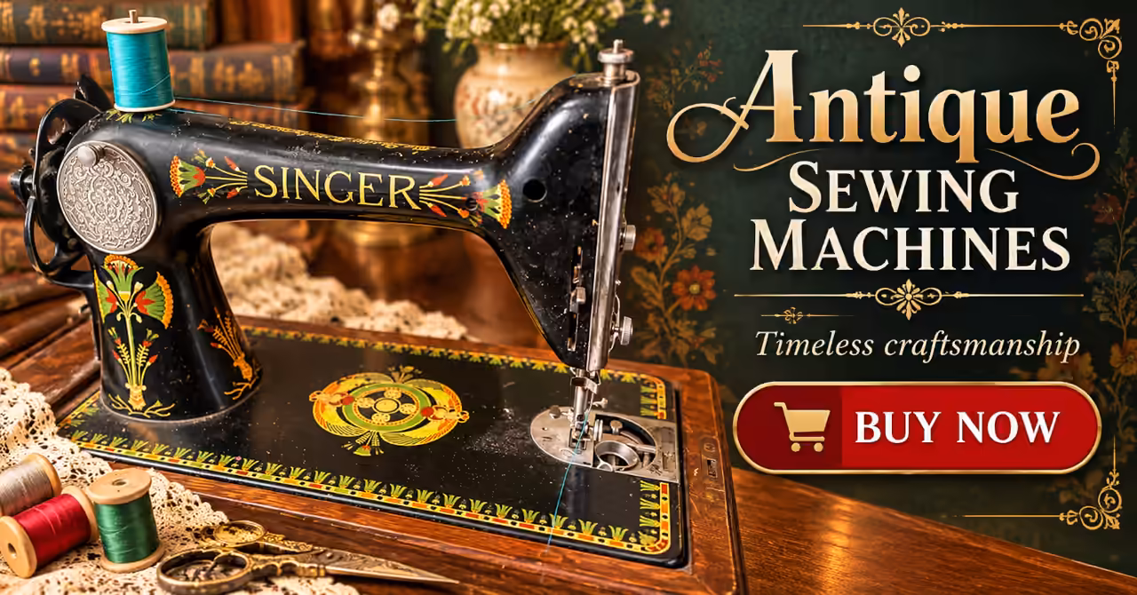 Victorian-style advertisement for Antique Sewing Machines on eBay.