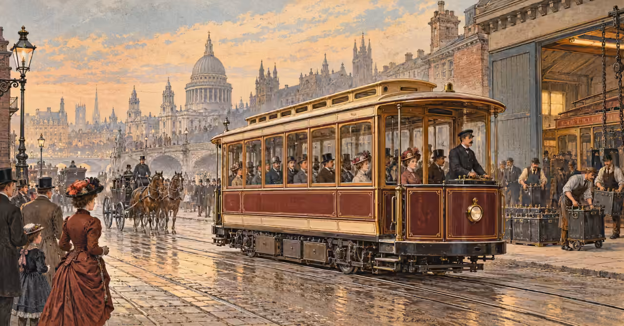 Artist's reconstruction of a Victorian battery-powered tram, in an 1890s lithographic style.