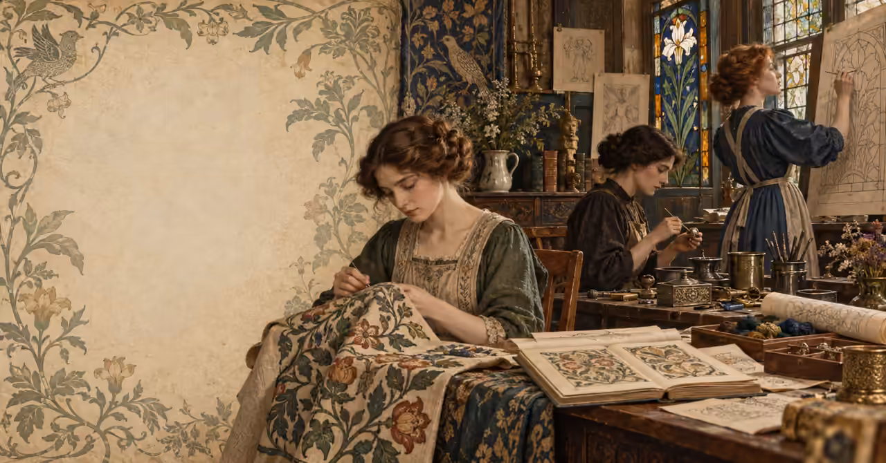 Victorian Arts and Crafts workshop featuring three women engaged in embroidery, jewellery making and stained-glass design, surrounded by decorative patterns and tools.