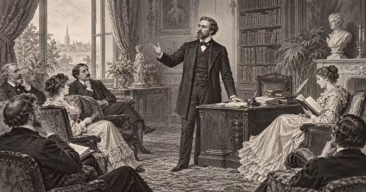 Victorian-style engraving of a gentleman delivering a speech to an attentive gathering in an elegant drawing room, surrounded by books, manuscripts and scholarly furnishings.