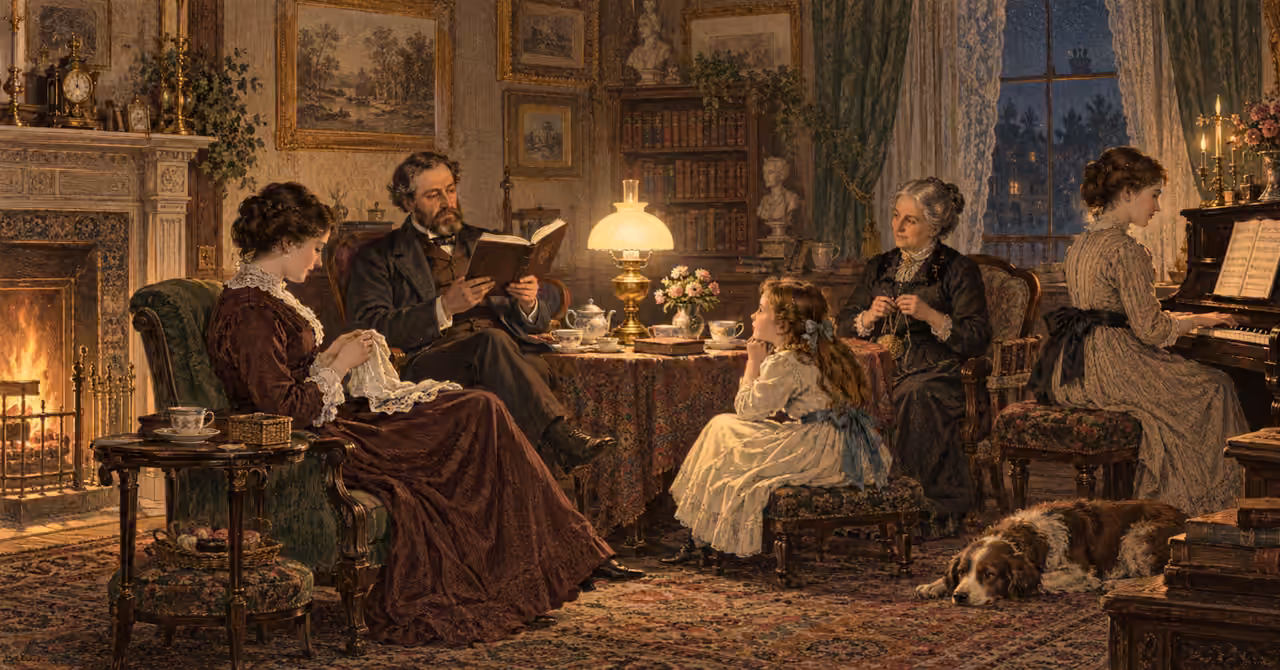 Victorian family gathered in a warmly lit parlour, reading aloud, sewing, playing piano and enjoying a quiet evening together in an 1890s print style.