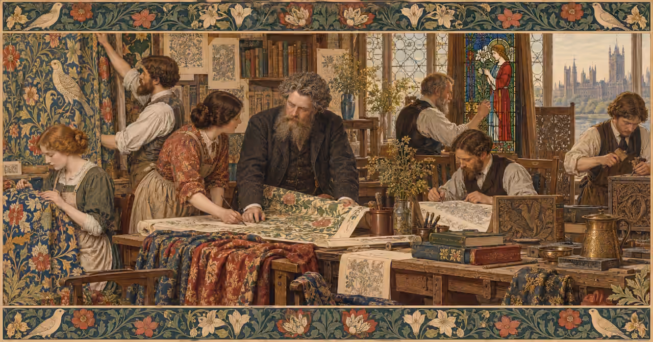 Victorian Arts and Crafts workshop illustration of William Morris collaborating with embroiderers, textile designers, stained-glass artists and woodcarvers.