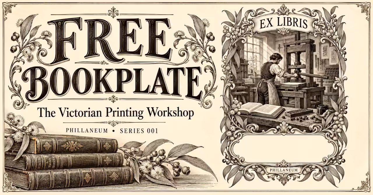 Vintage-style banner showing Phillaneum’s free bookplate with a Victorian printing workshop, botanical scrollwork and a blank name panel beside antique books.