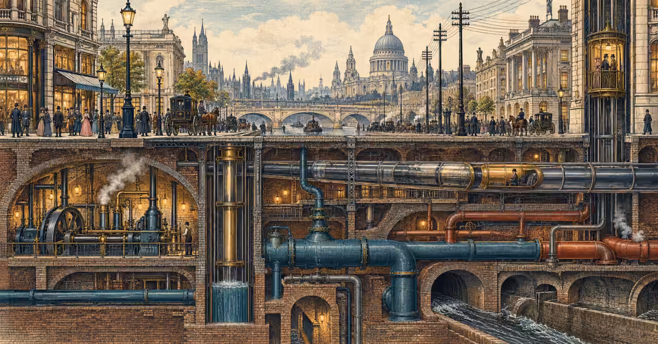 Victorian city cutaway showing street life, telegraph wires, a pumping station and an underground network of pipes and tunnels.