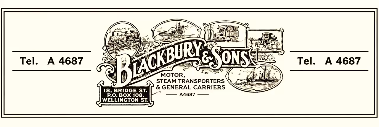 Restored 1927 Blackburn & Sons newspaper advertisement featuring ornate lettering, steamships, a locomotive and motor transport illustrations.