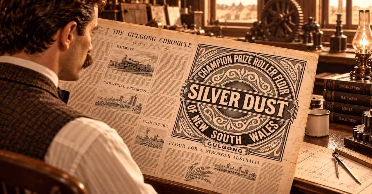 Restored 1900 Silver Dust roller flour advertisement from Gulgong, NSW, featuring bold Victorian lettering, ornate scrollwork and decorative wheat motifs.