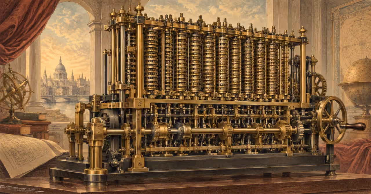 Ornate brass-and-steel Difference Engine with intricate gears and calculating columns, illustrated in an early 1900s magazine style against a Victorian London backdrop.