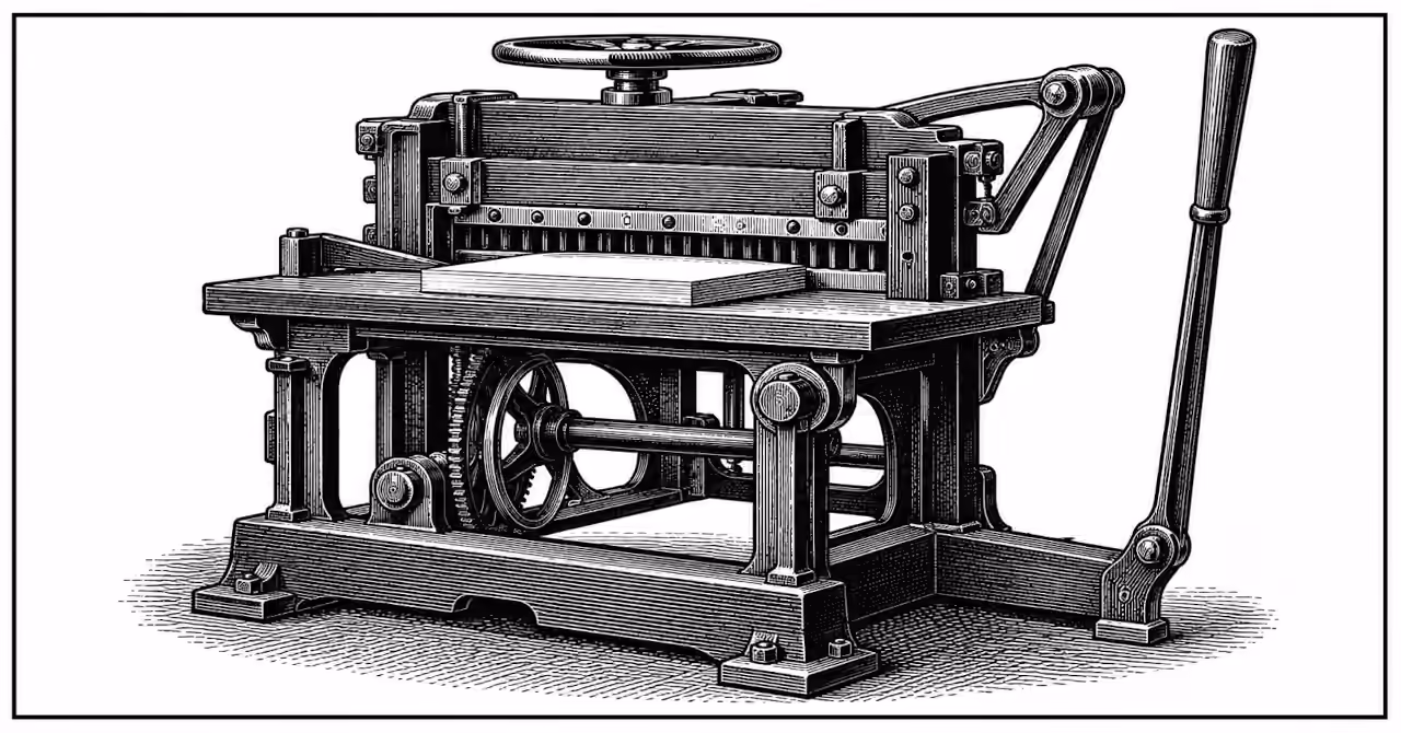 Black-and-white reconstructed engraving of a Victorian paper-cutting machine, featuring a cast-iron frame, cutting table, handwheel and long operating lever.