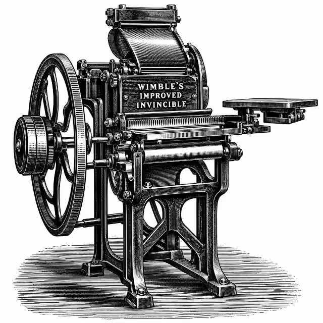 Reconstructed engraving of Wimble's Improved Invincible printing press, featuring a large flywheel, mechanical rollers and cast-iron frame.