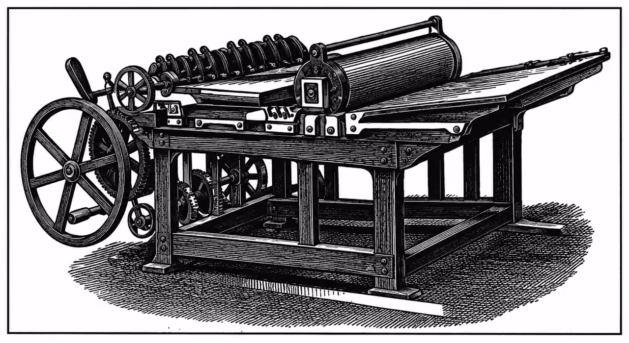 Black-and-white reconstructed engraving of a Victorian cylinder printing press, featuring a large spoked flywheel, impression cylinder, gears and printing bed.