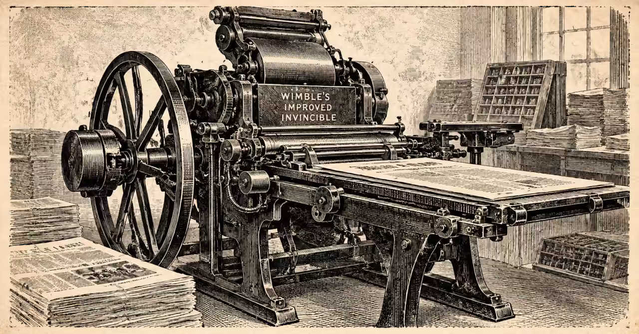 Sepia-toned engraving of Wimble’s Improved Invincible printing press in a 1900 print shop, featuring a large flywheel, mechanical rollers, type cases and stacked newspapers.