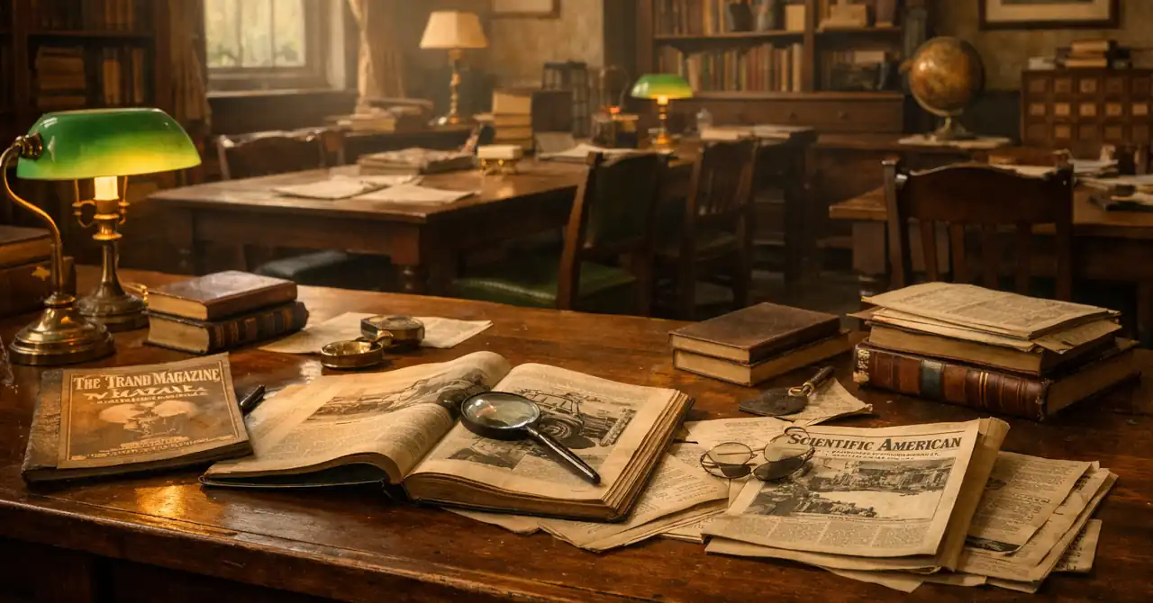 Edwardian reading room with wooden tables, green-shaded lamps, open journals, antique books, and early 20th-century magazines in warm light